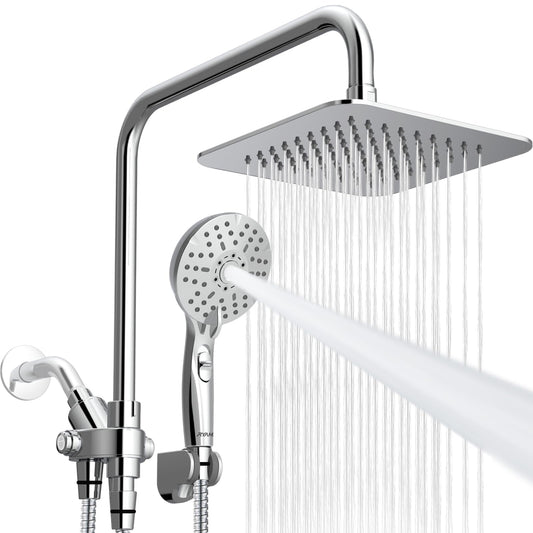 Handheld showerhead with 6+1 spray modes, height-adjustable, one-touch pause button, chrome-plated finish