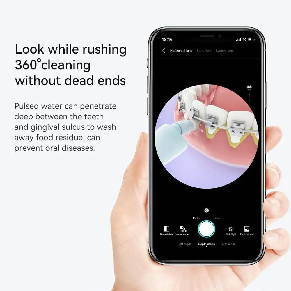 Portable cordless oral irrigator, equipped with a 5-megapixel 1080p camera with a built-in camera.
