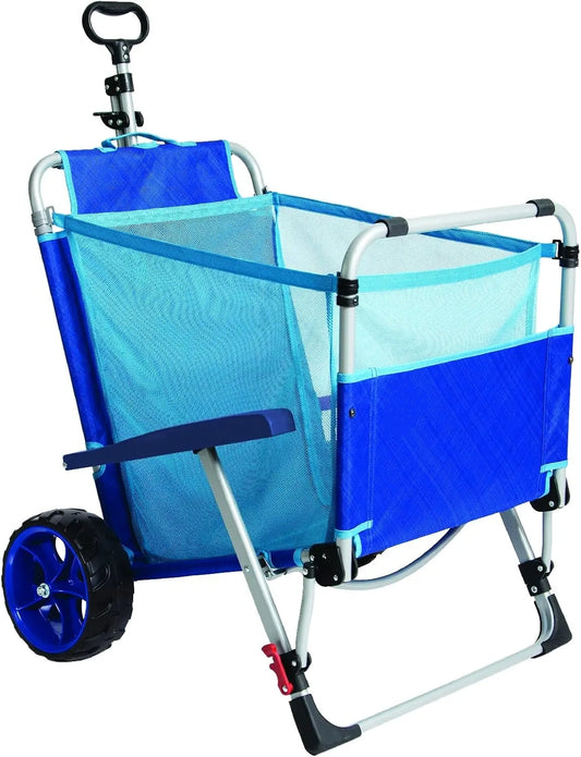 Folding beach chair with a built-in cart and heavy-duty wheels—perfect for the beach, backyard, pool, or picnics