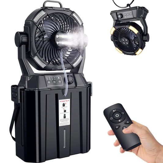 Portable misting fan, perfect for outdoor patios—featuring a 20,000mAh rechargeable battery