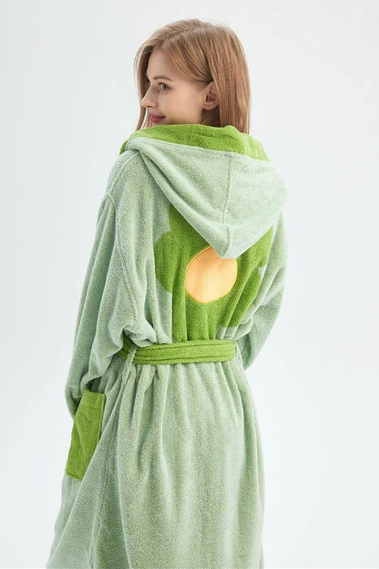 Verspielter, ultraweicher Kapuzenbademantel mit Sonnenblumenmuster – 100 % langstapelige Bio-Baumwolle